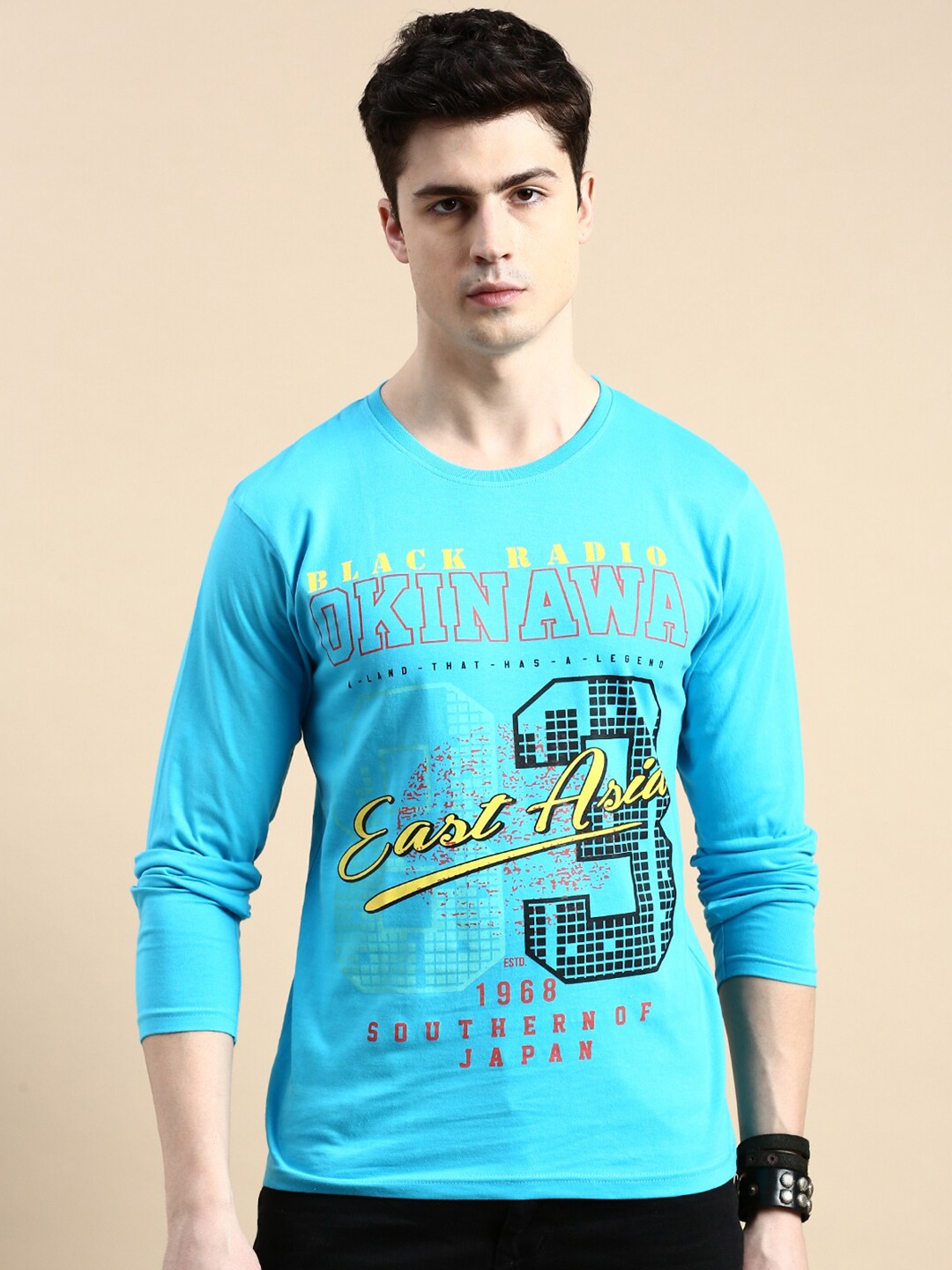 

BLACK RADIO Typography Printed Round Neck Pure Cotton T-Shirt, Turquoise blue