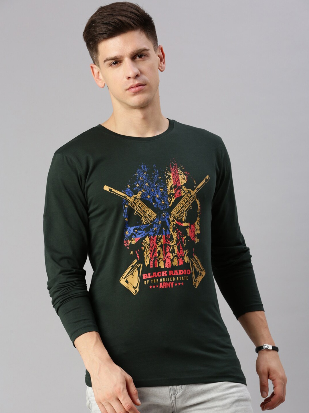 

BLACK RADIO Graphic Printed Round Neck Pure Cotton T-shirt, Green