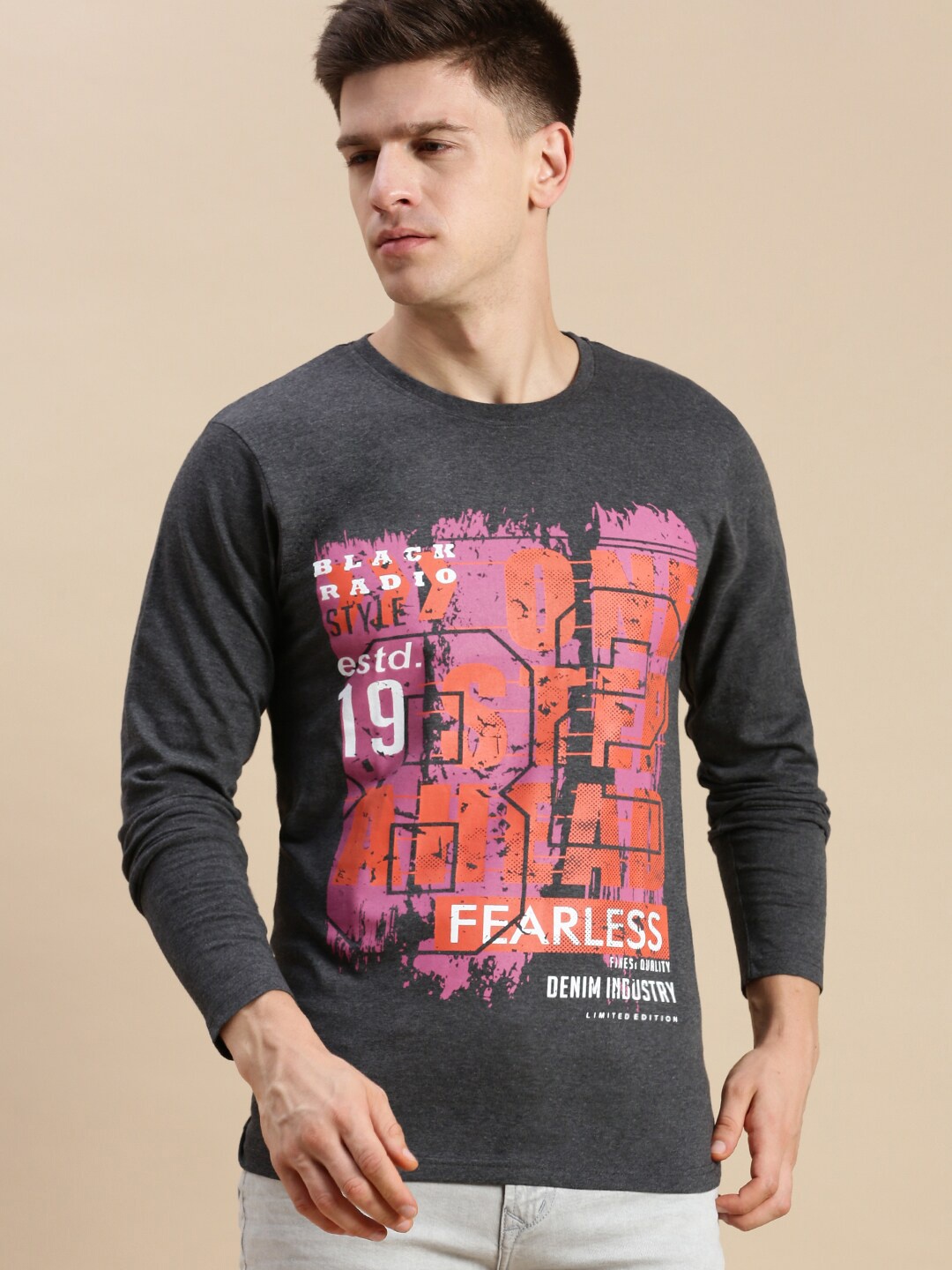 

BLACK RADIO Graphic Printed Pure Cotton T-shirt, Charcoal