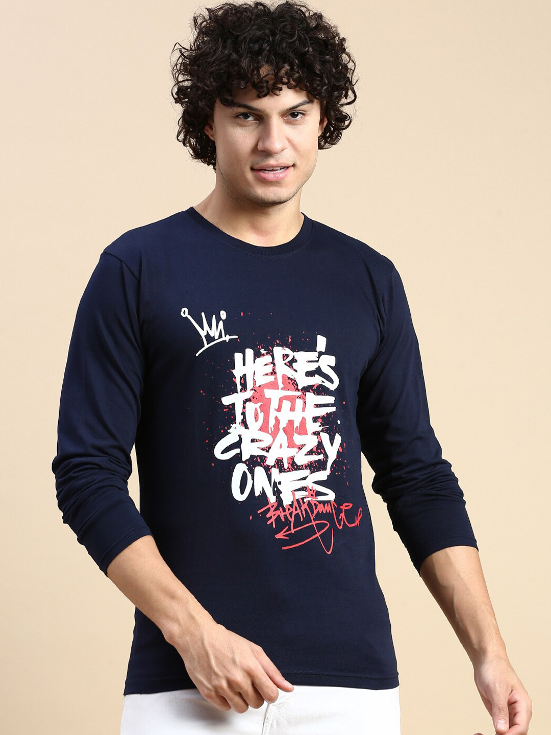 

BLACK RADIO Typography Printed Round Neck Cotton Regular T-shirt, Navy blue
