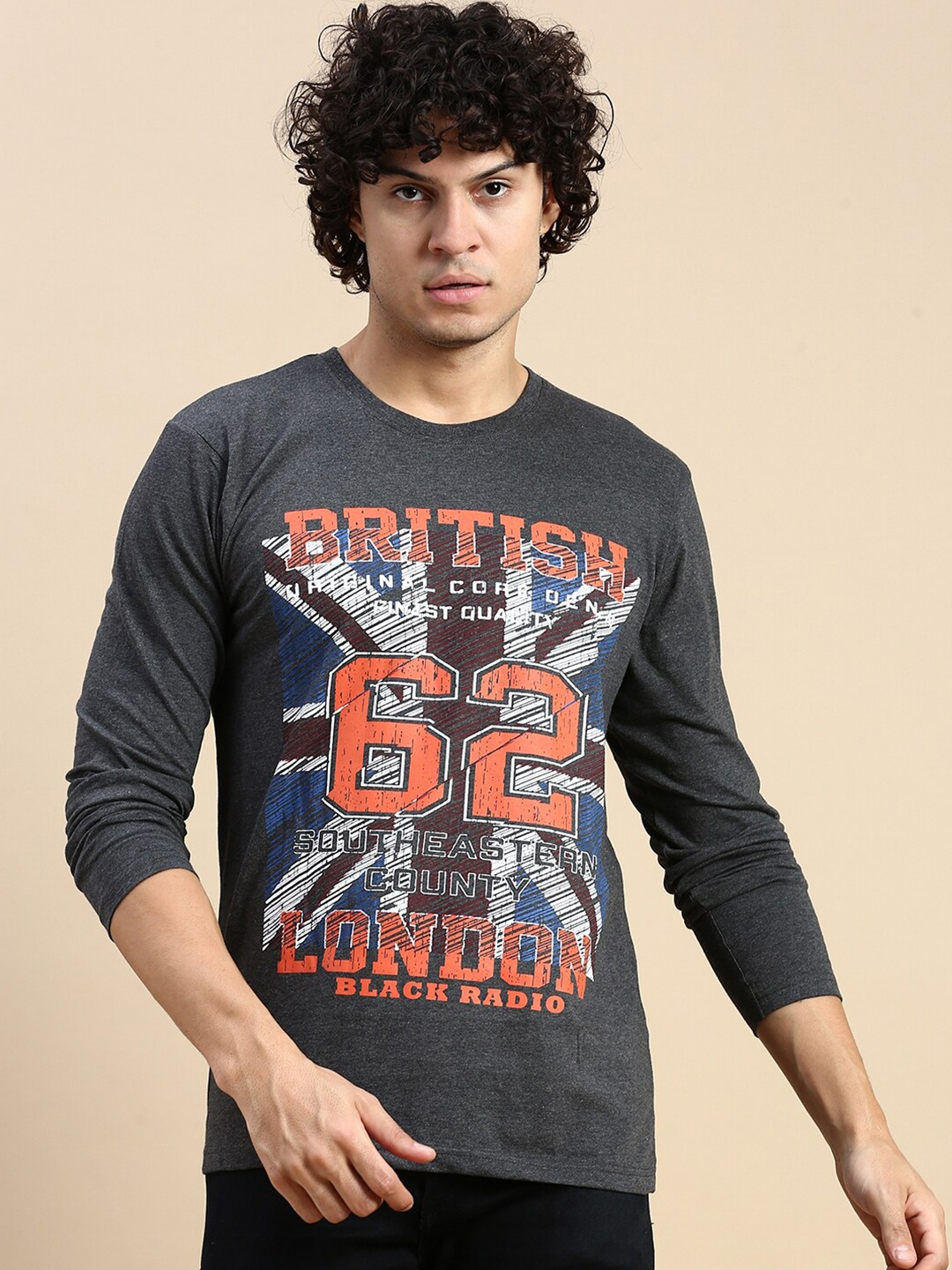 

BLACK RADIO Typography Printed Round Neck Cotton Regular T-shirt, Grey melange