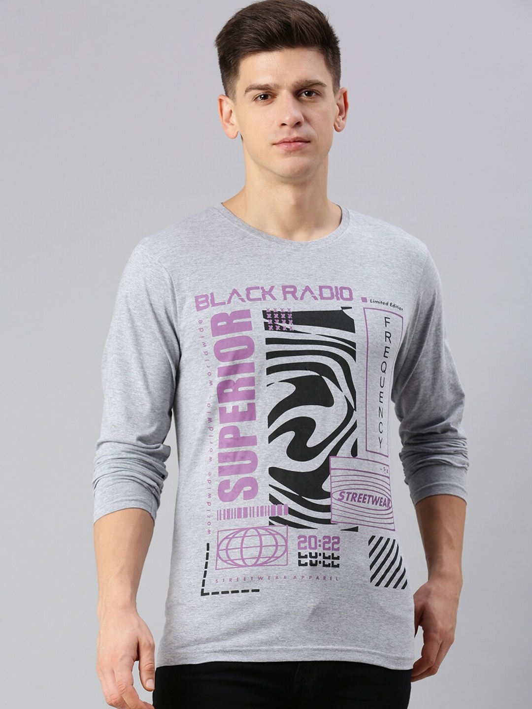 

BLACK RADIO Typography Printed Pure Cotton T-shirt, Grey melange