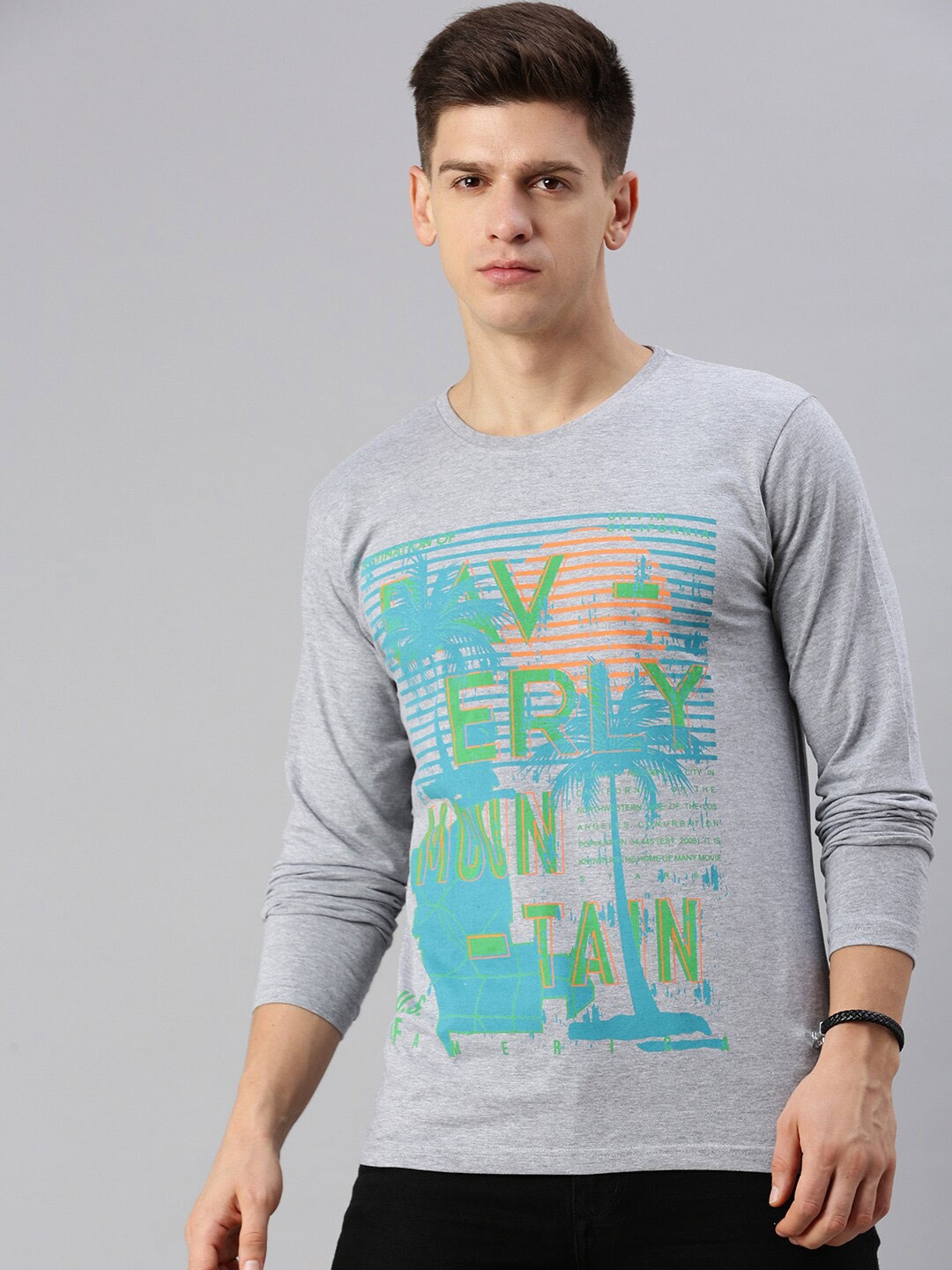 

BLACK RADIO Graphic Printed Long Sleeves Pure Cotton T-shirt, Grey melange