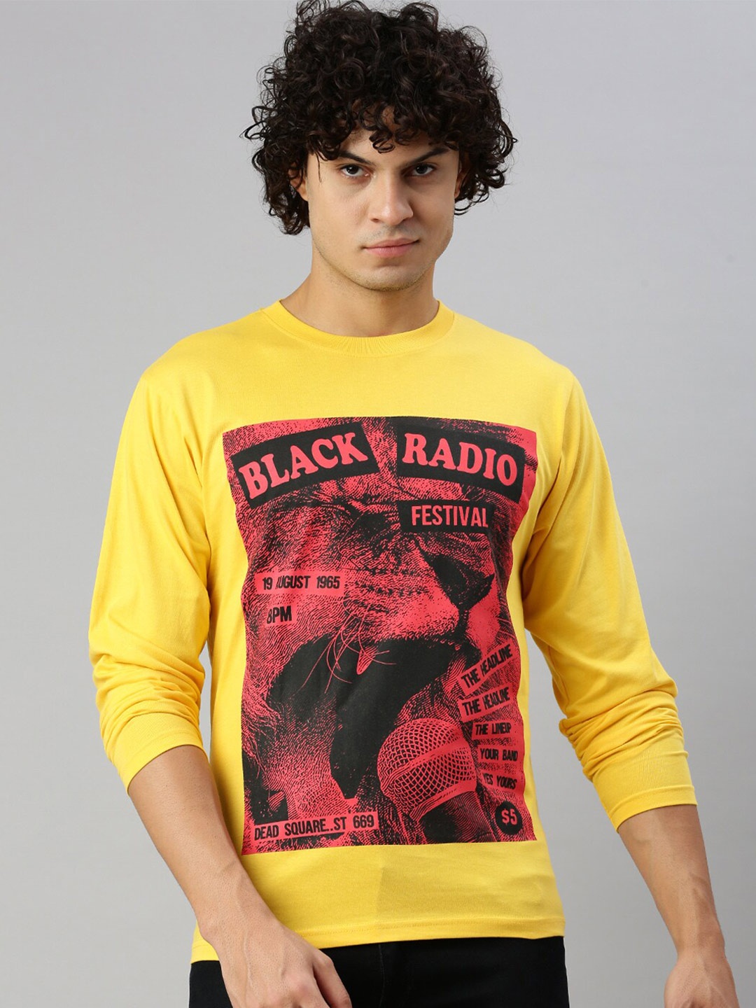 

BLACK RADIO Typography Printed Pure Cotton T-shirt, Yellow