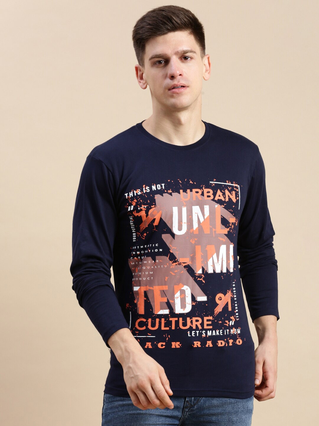 

BLACK RADIO Typography Printed Pure Cotton T-shirt, Navy blue
