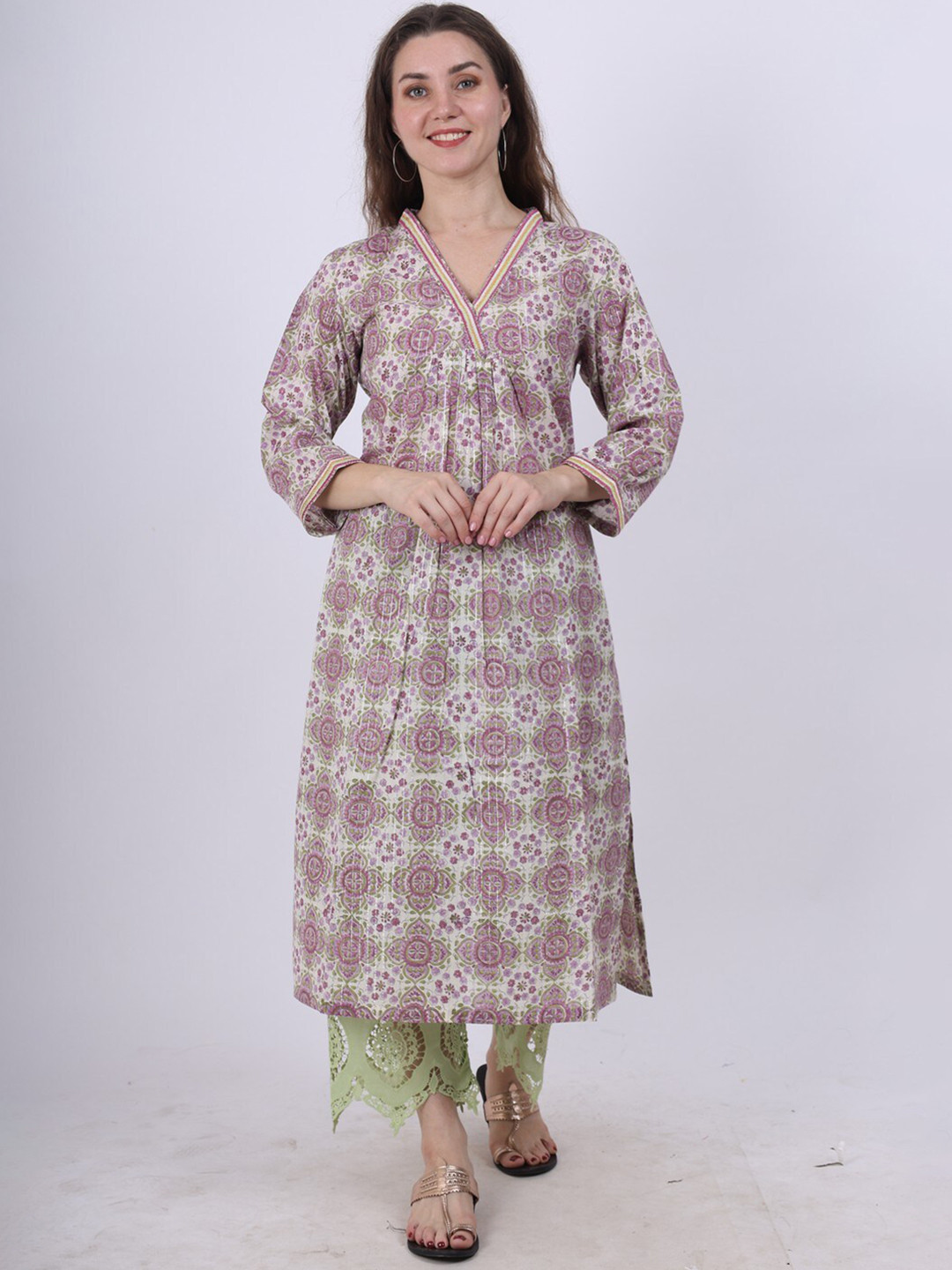 

Spring Soul Purple Ethnic Motifs Printed Empire Pure Cotton Kurta With Trousers