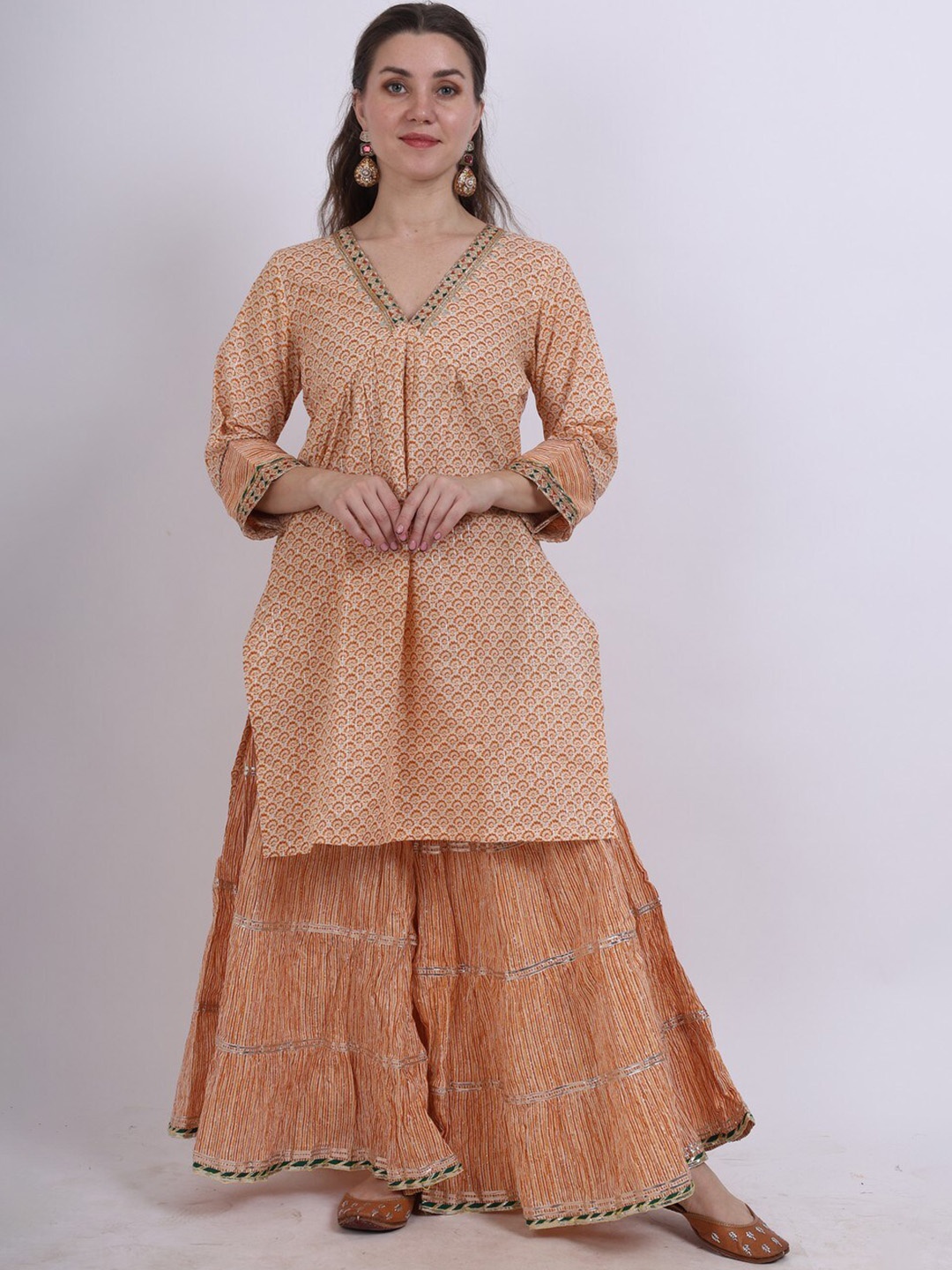 

Spring Soul Ethnic Motifs Printed Gotta Patti Pure Cotton Kurta With Sharara & Dupatta, Orange