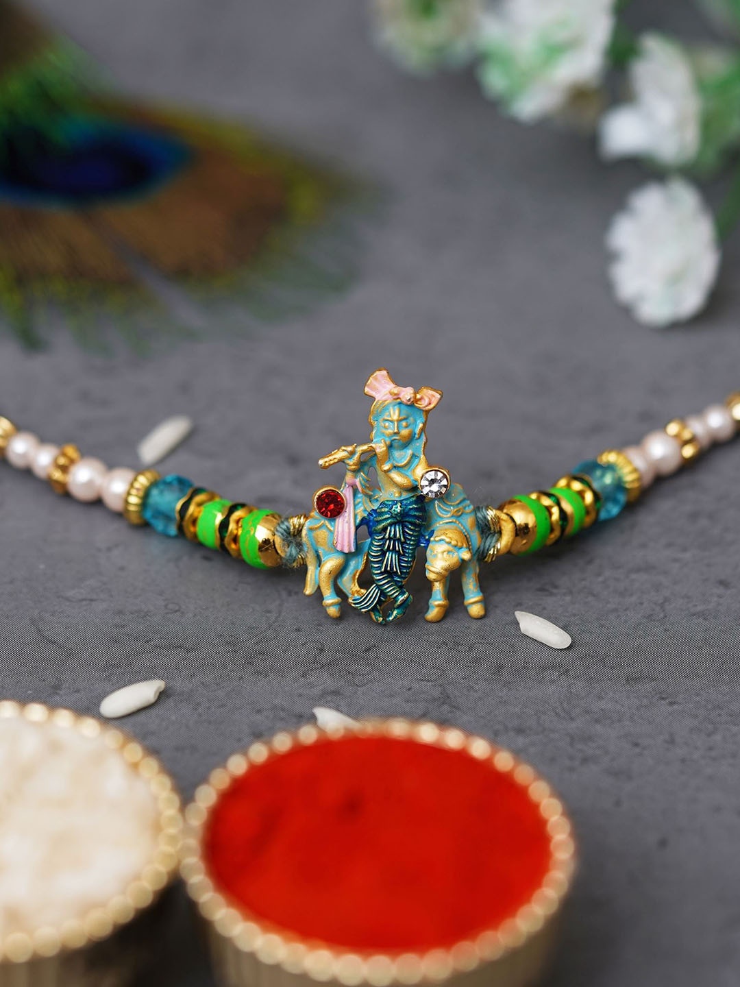 

Fashion Bizz Krishna Rakhi With Akshat Kumkum (Roli-Chawal), Green