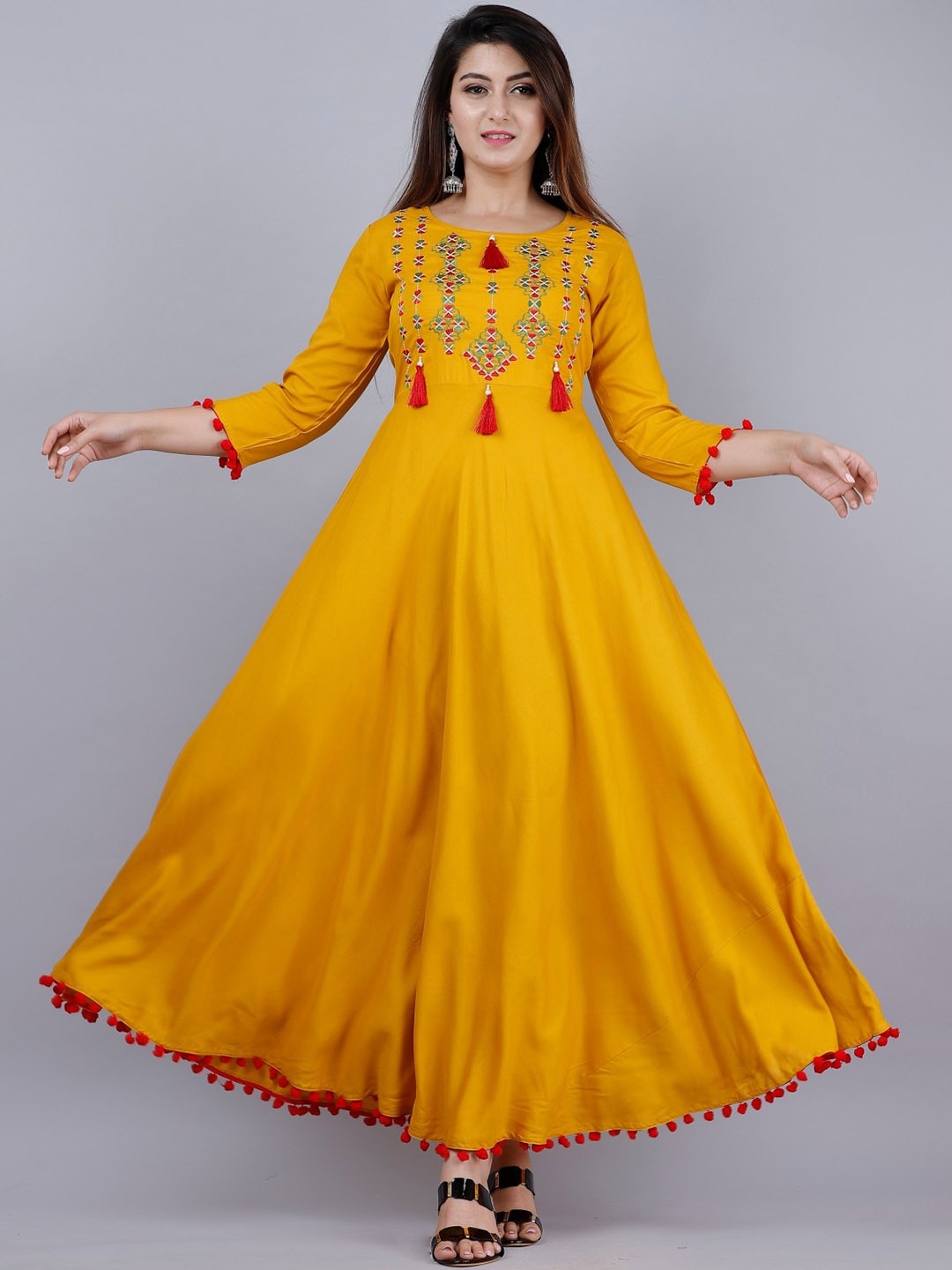 

VASANT APPAREL Ethnic Motifs Embroidered Anarkali Kurta, Mustard