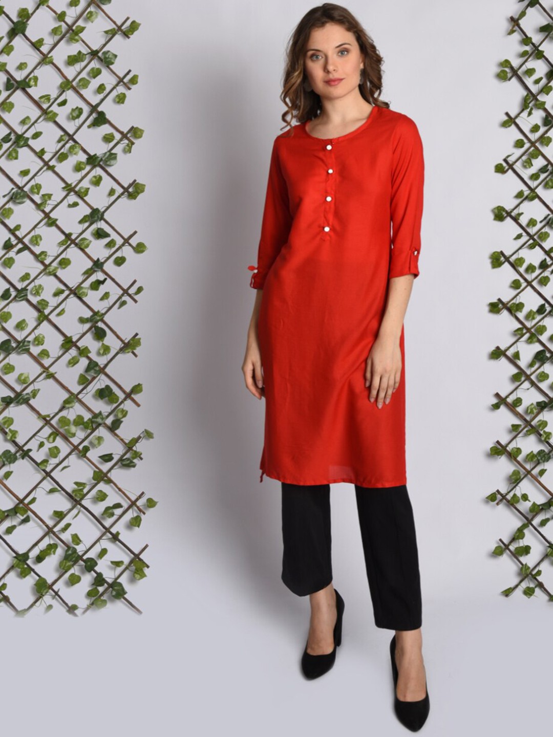 

VASANT APPAREL Round Neck Roll-Up Sleeves Straight Kurta, Red