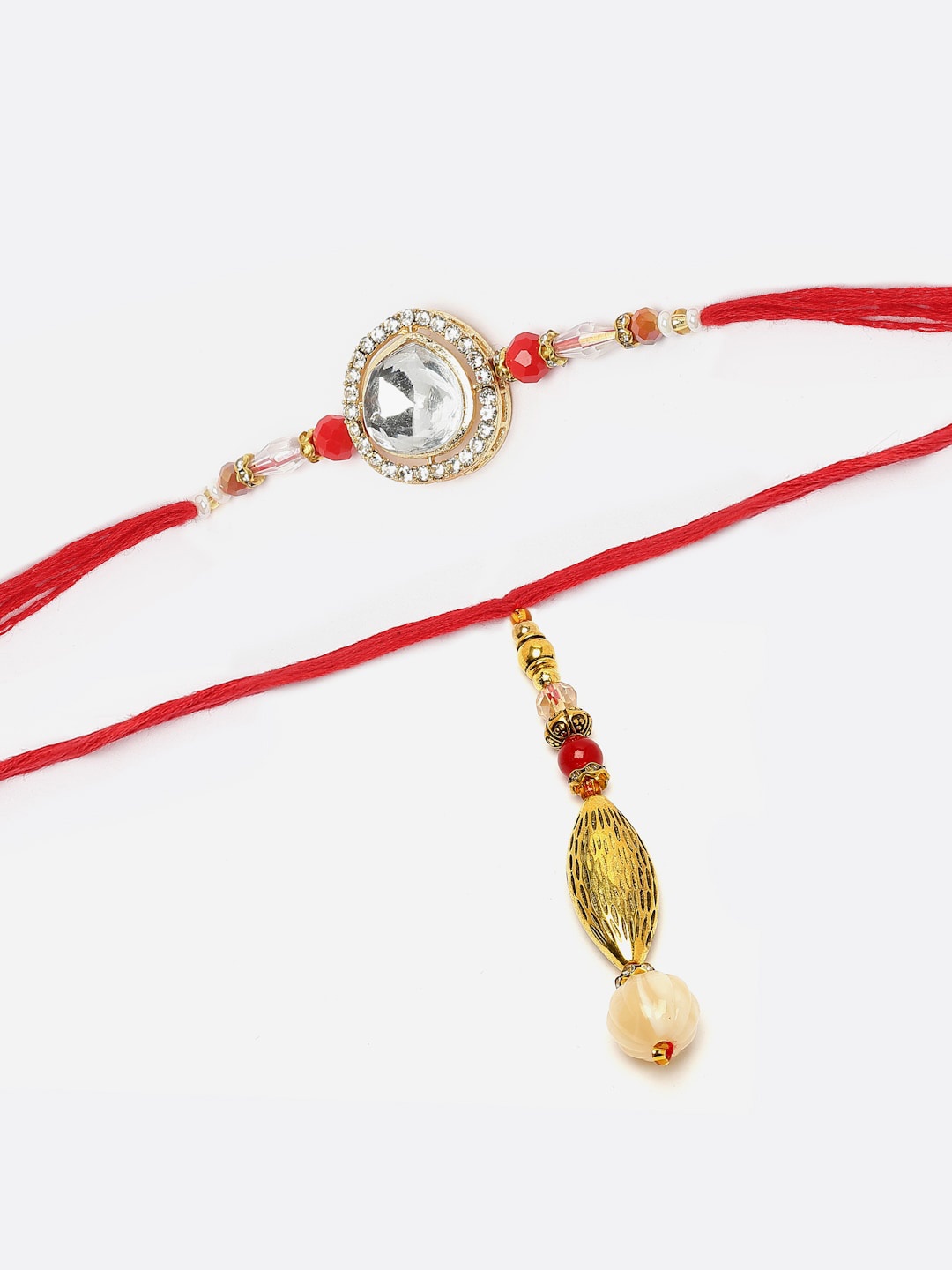 

ZENEME Set Of 2 Oval Shape Kundan Studded With Beads Lumba Rakhi Gift Set, Red