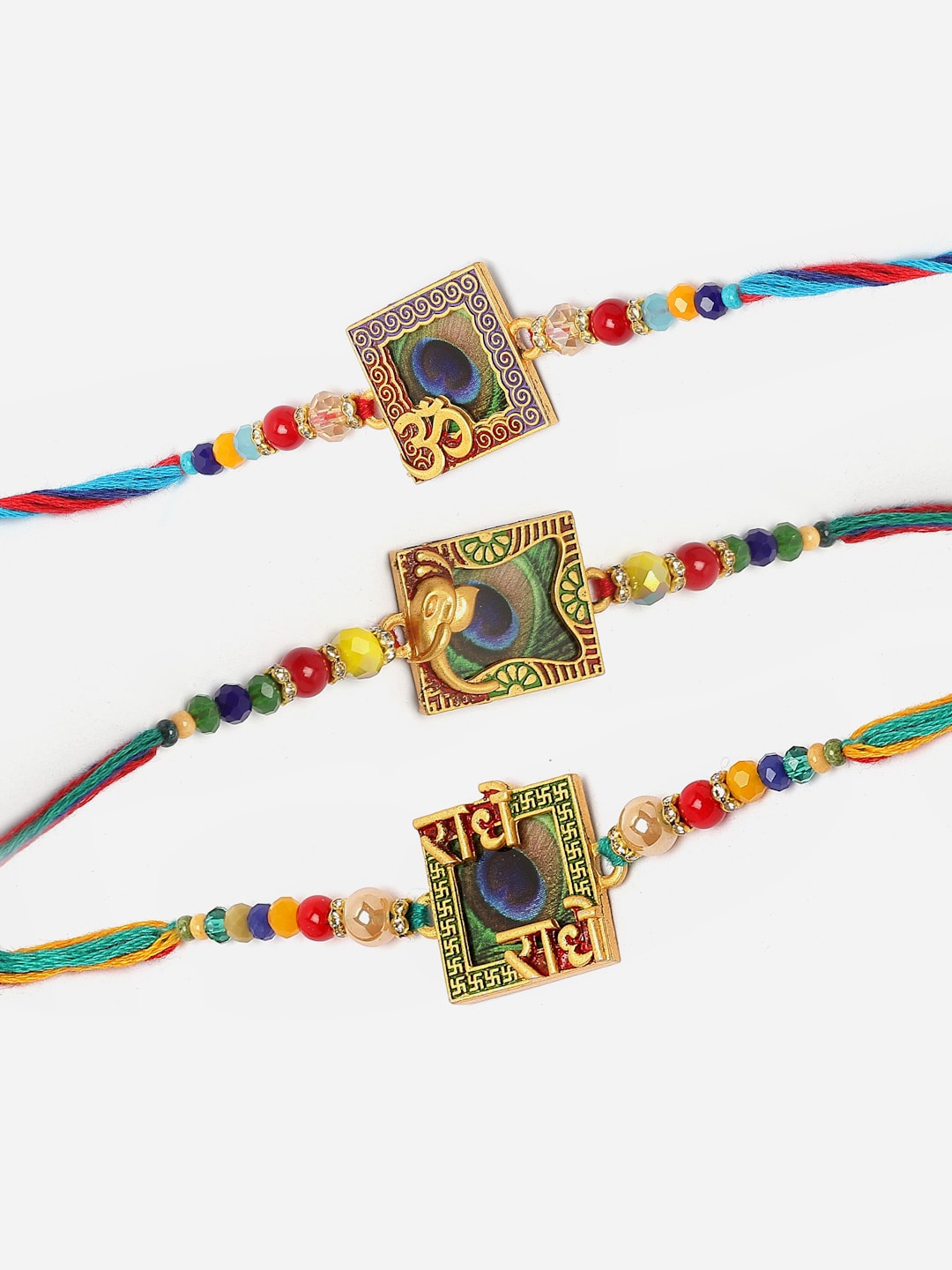 

ZENEME Set Of 3 Mor Pankh Ganeshji with Beads Stringed Rakhi Gift Set, Blue