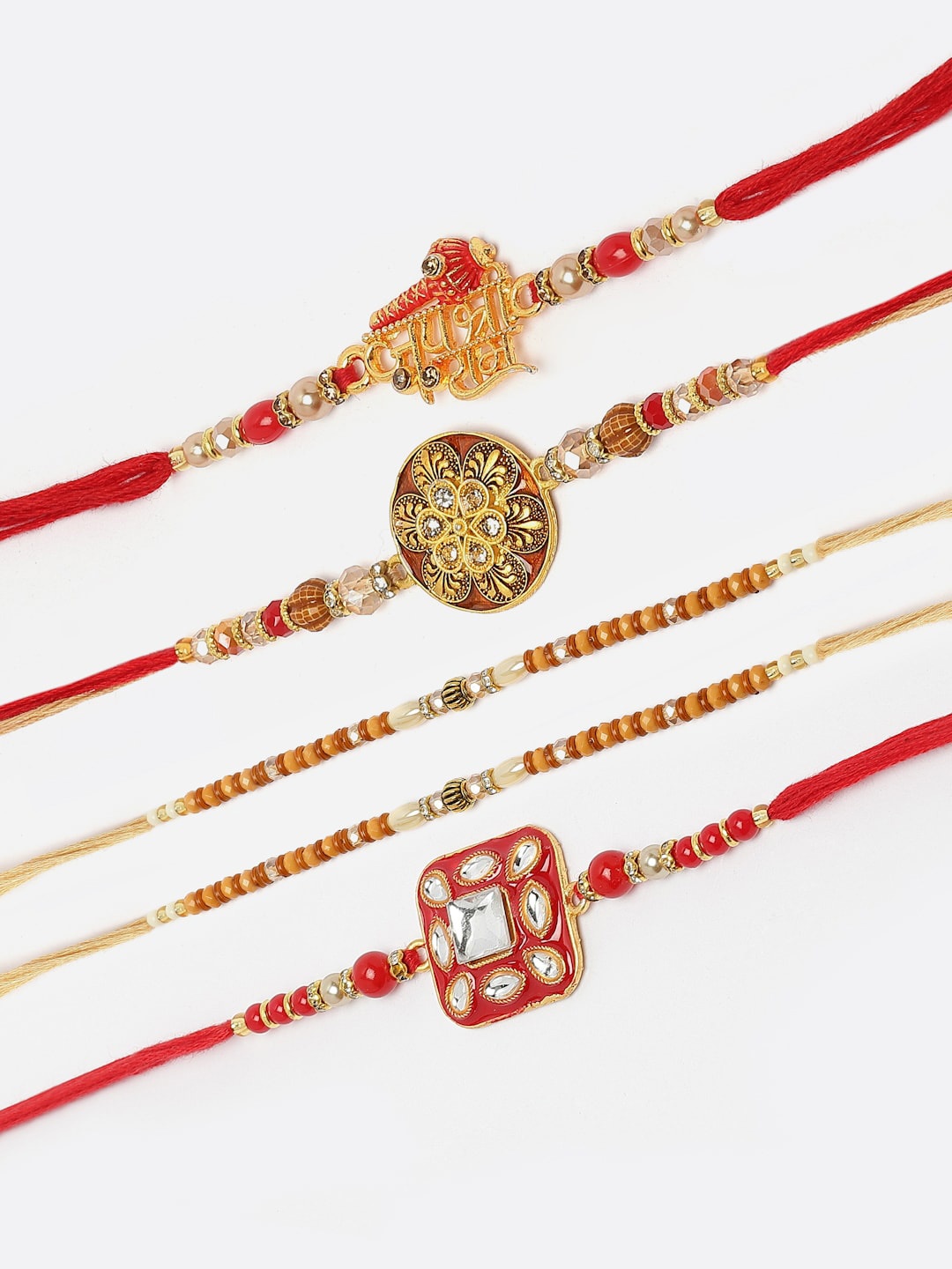 

ZENEME Set Of 5 Jay Shree Ram With Swastik Gada Beaded Rakhi Gift Set, Red