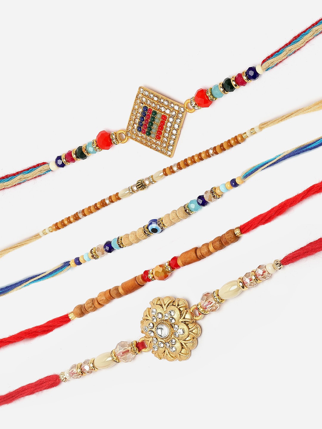 

ZENEME Set Of 5 Wooden Beads Evil Eye Stone Studded Rakhi Gift Set, Red