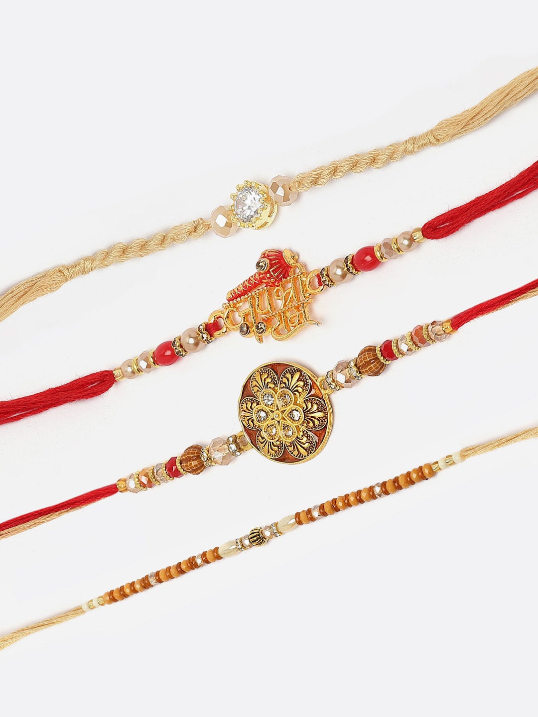 

ZENEME Set Of 4 Jay Shree Ram & Swastik Gada Beaded Rakhi Gift Set, Red