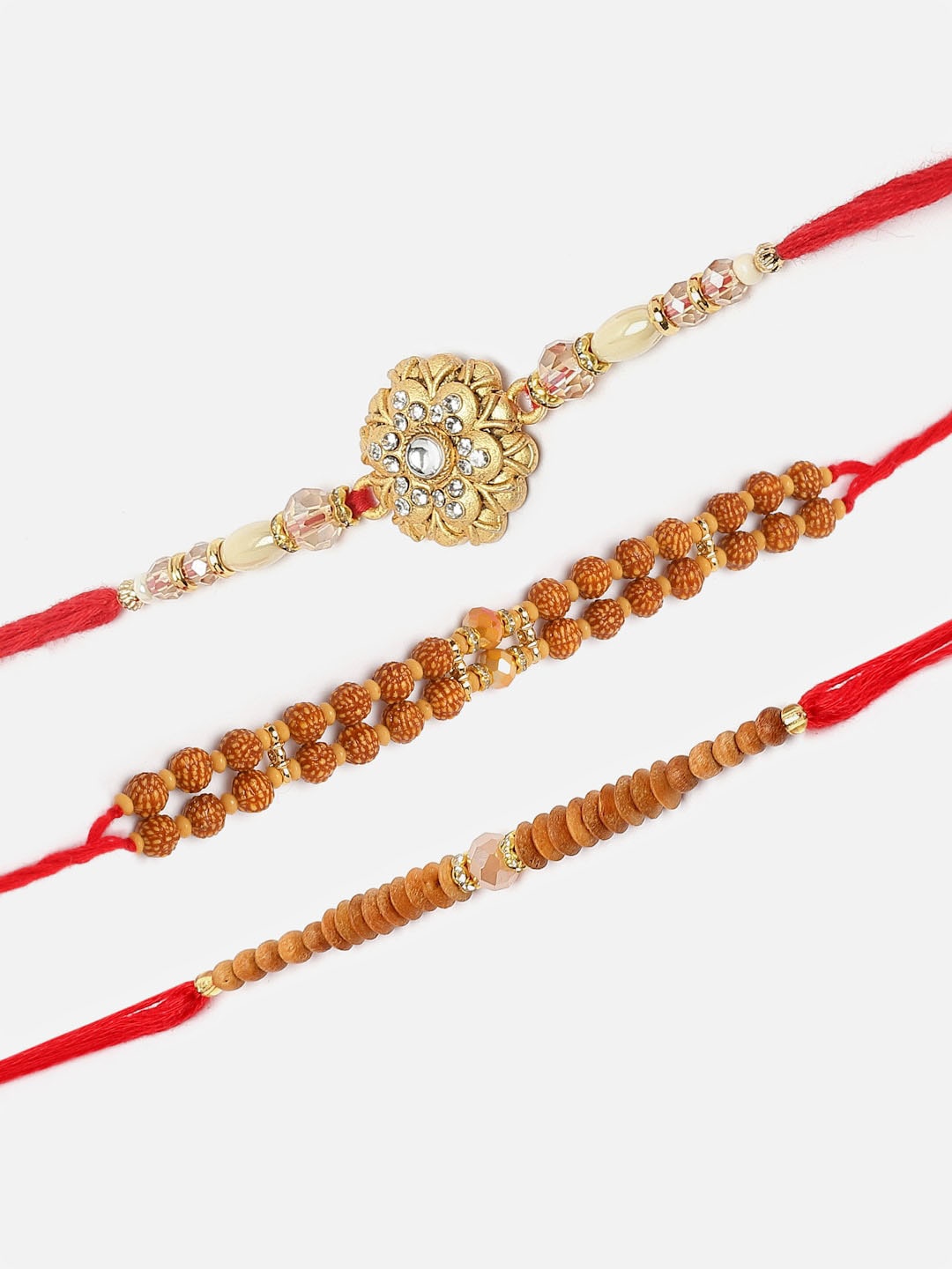 

ZENEME Set Of 3 Kundan Studded Rudraksh Rakhi Set, Red