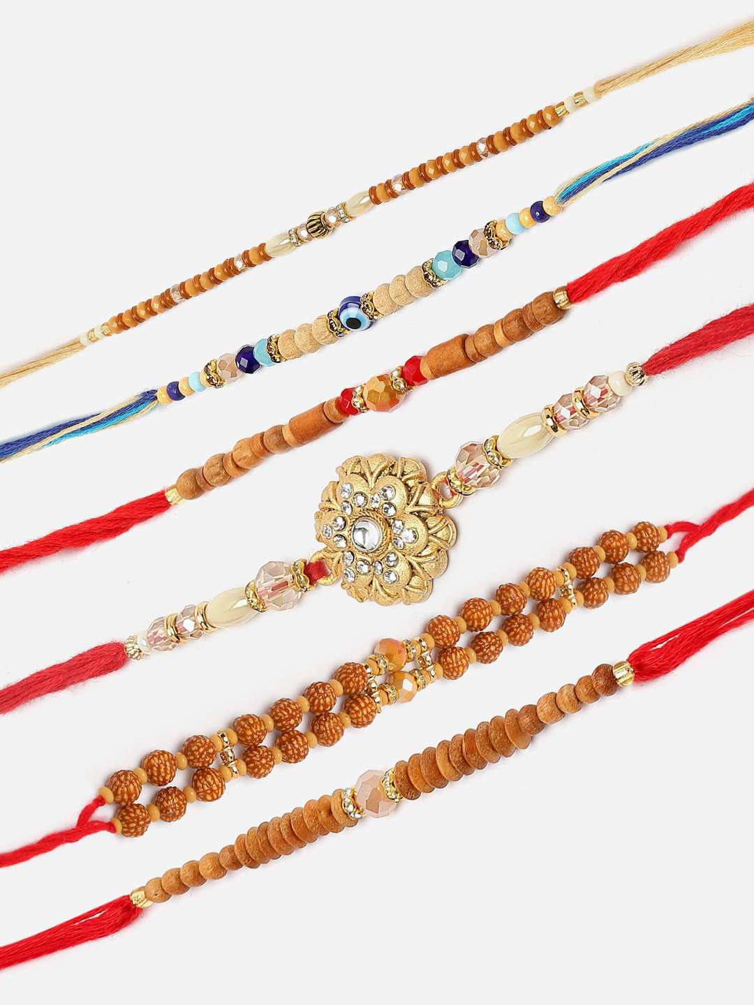 

ZENEME Men Set Of 6 Studded & Beaded Thread Rakhi Gift Set, Red