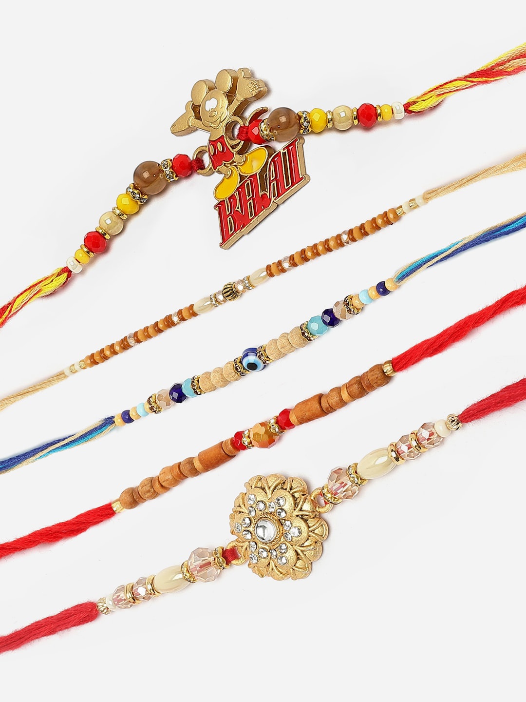 

ZENEME Set Of 5 Evil Eye Stones Wooden Flower Rakhi Set, Red