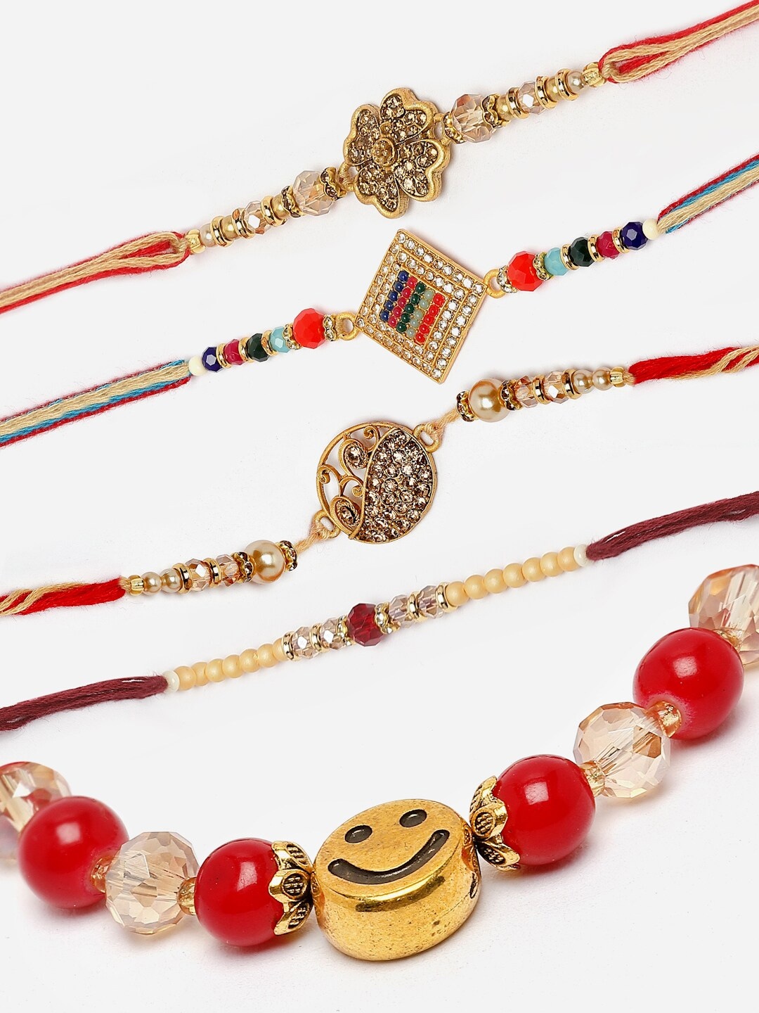 

ZENEME Set Of 5 Stone Smiley Bracelet Rakhi Set, Red