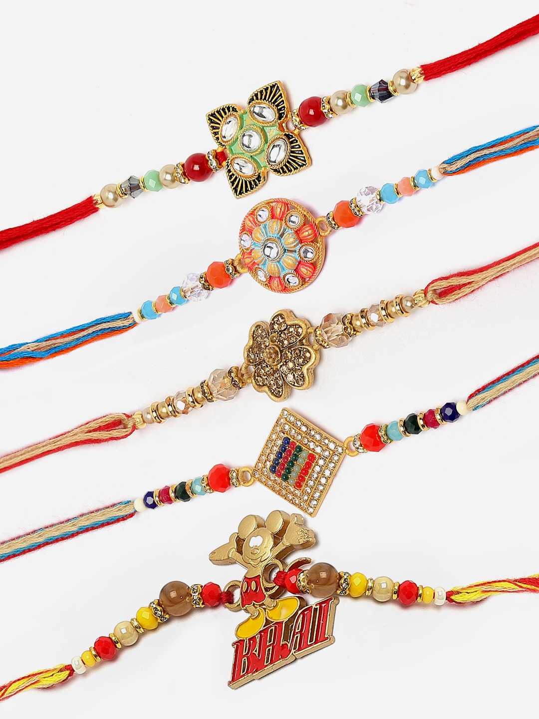 

ZENEME Set Of 3 Enamel Floral Kundan Beads Square Mickey Mouse Rakhi Set, Red