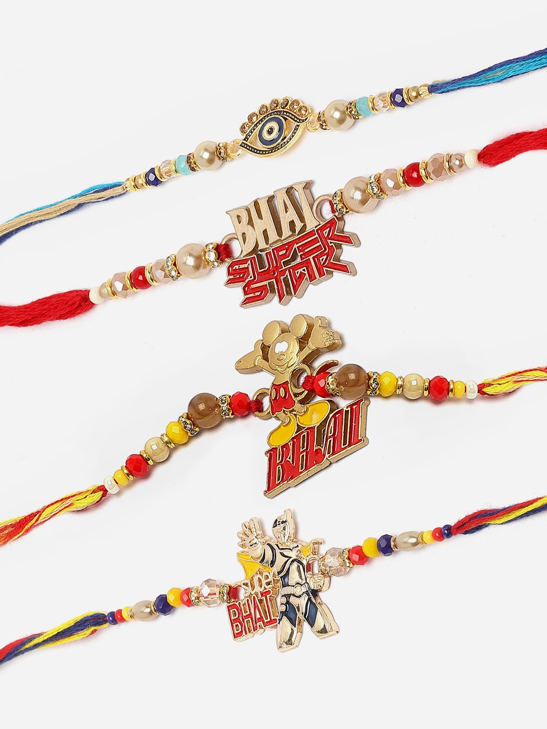 

ZENEME Set Of 4 Beads Mickey Mouse Bhai Power Ranger Rakhi Set, Red