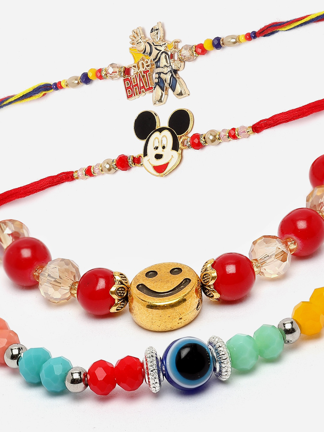 

ZENEME Set Of 4 Mickey Mouse Smiley Evil Eye Bracelet Rakhi Set, Red