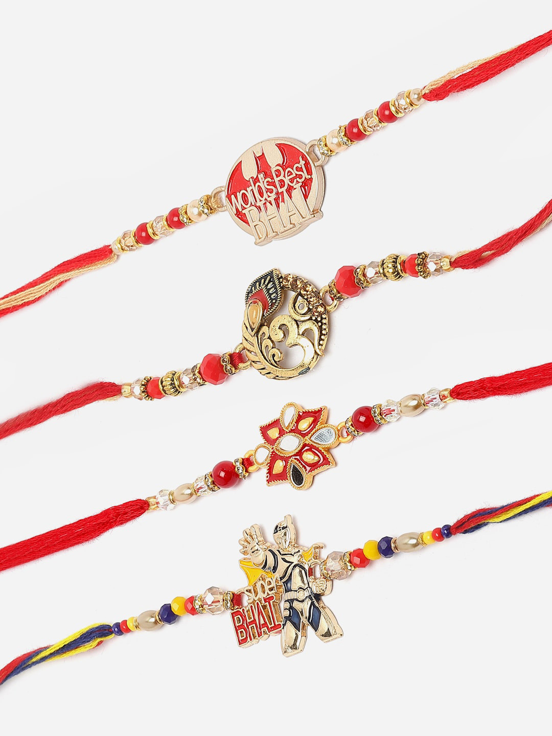 

ZENEME Set Of 4 World's Best BHAI Gold-Plated OM & Power Ranger Rakhi's Gift Set, Red