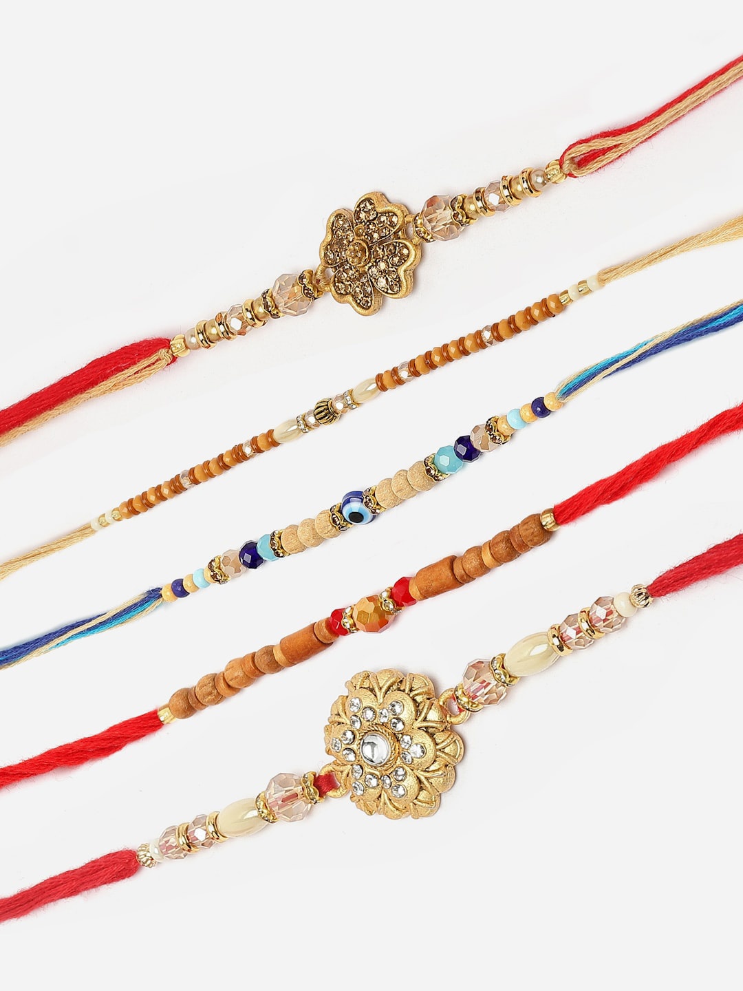 

ZENEME Set Of 4 Floral Kundan & Wooden Beads Evil Eye Stone Flower Rakhi's Gift Set, Gold