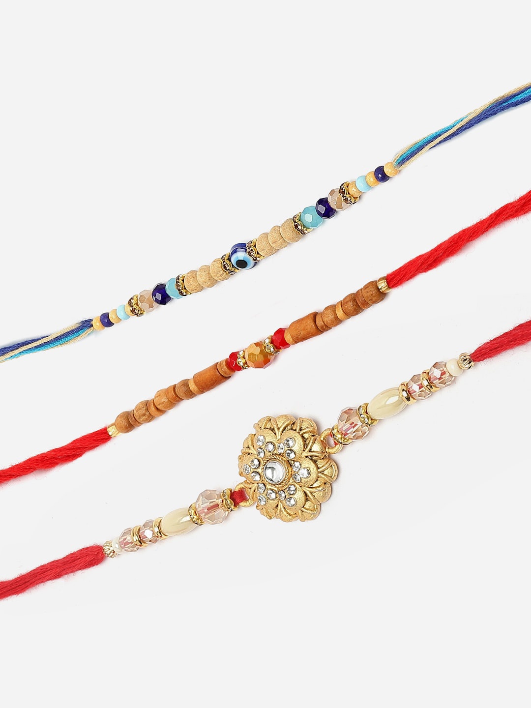

ZENEME Men Set Of 3 Evil Eye Kundan Studded Rudraksh Stringed Thread Rakhi's Gift Set, Gold
