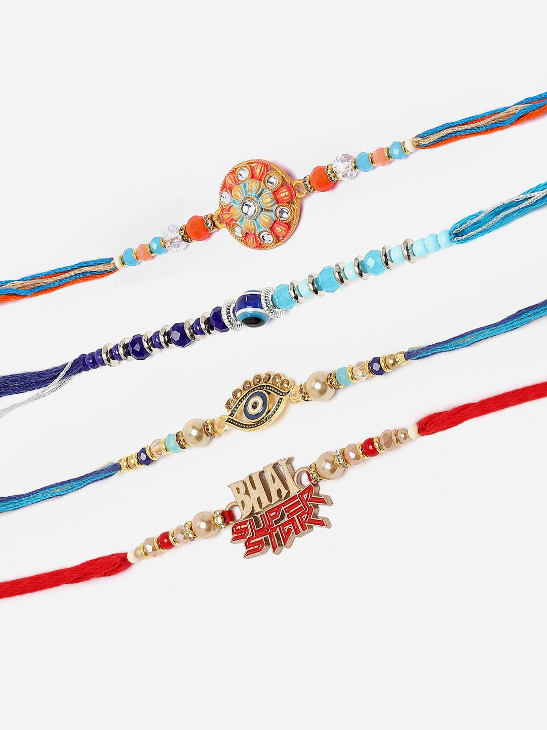 

ZENEME Men Set Of 4 Enameled Evil Eye Beads Gold-Plated Bhai Super Star Rakhi's Gift Set, Orange