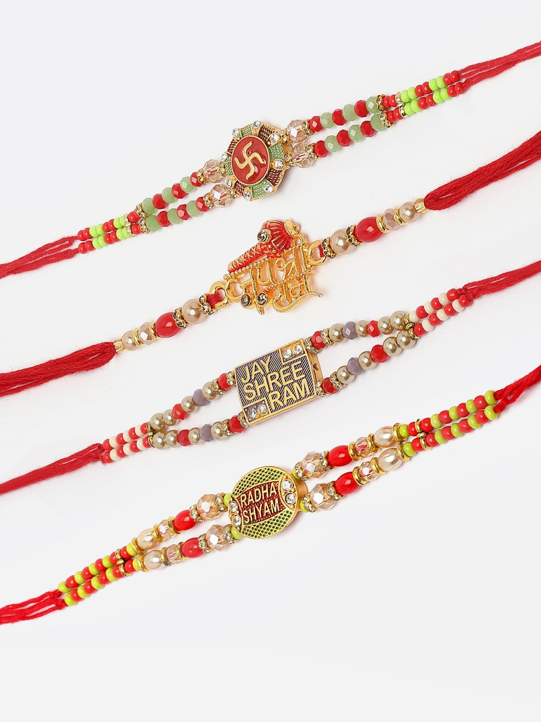 

ZENEME Men Set Of 4 Swastik Symbol Jay Shree Ram & Radha Shyam Rakhi's Gift Set, Gold