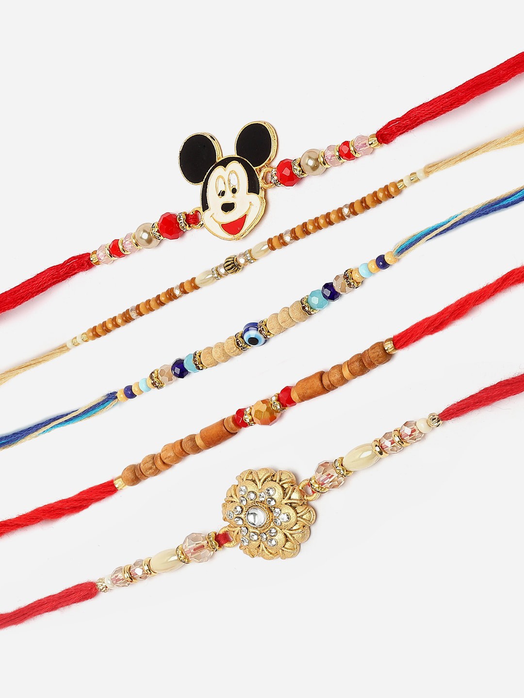 

ZENEME Men Set Of 5 Mickey Mouse Wooden Bead Evil Eye Stone Rakhi Gift Set, Red