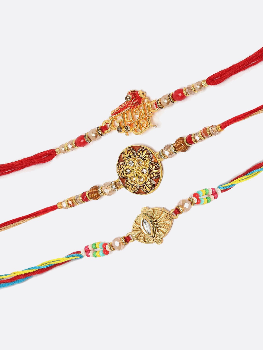 

ZENEME Men Set Of 3 Gold-Plated Evil Eye Kundan Rakhi Gift Set, Red