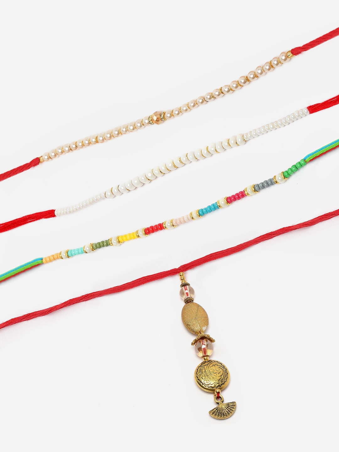 

ZENEME Set Of 4 Champagne & Pearls Beads Lumba Gold-Plated Rakhi's Gift Set, Red