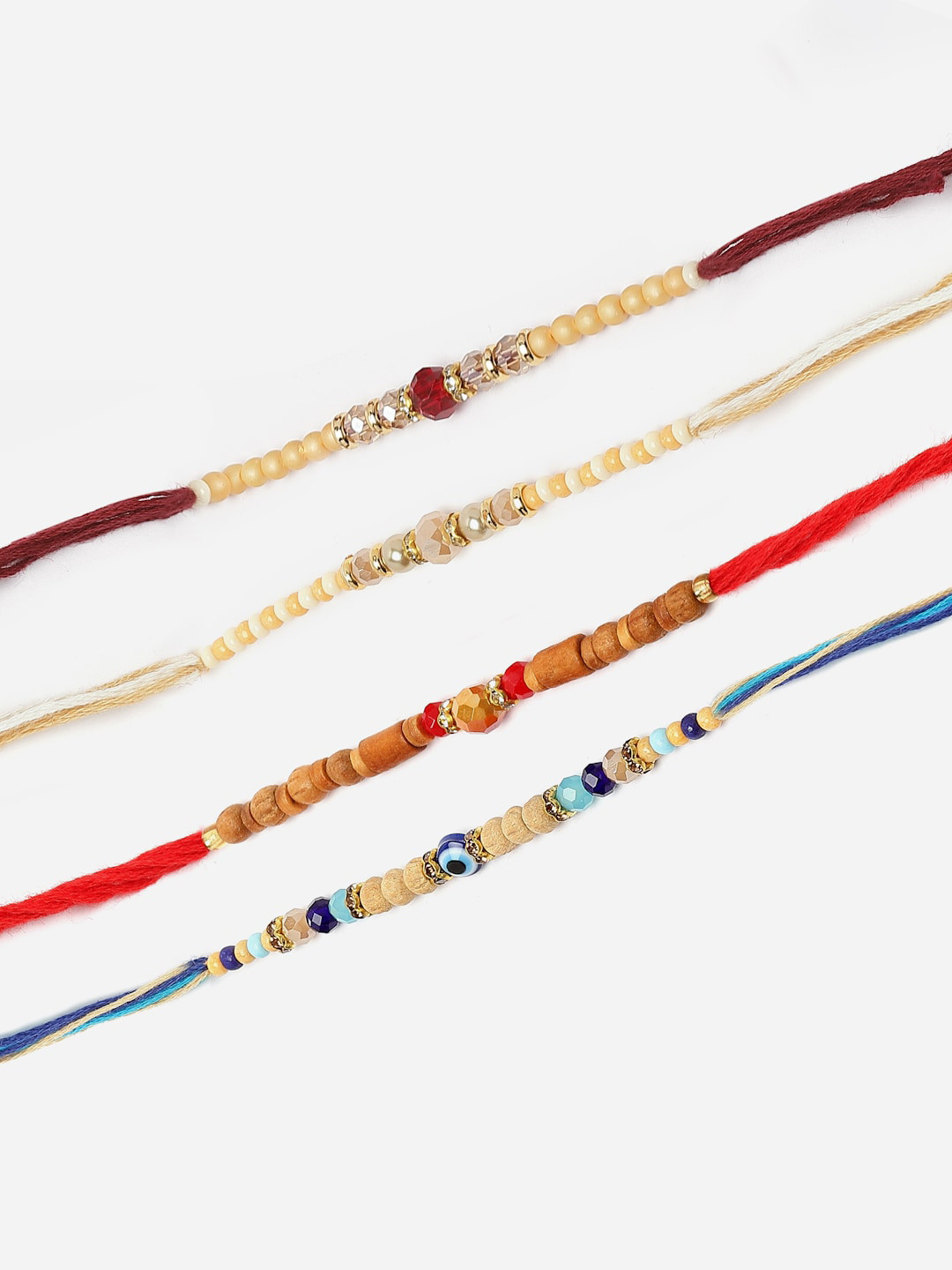 

ZENEME Set Of 4 Stone & Beads Wooden & Beads Evil Eye Stone Rakhi's Gift Set, Blue