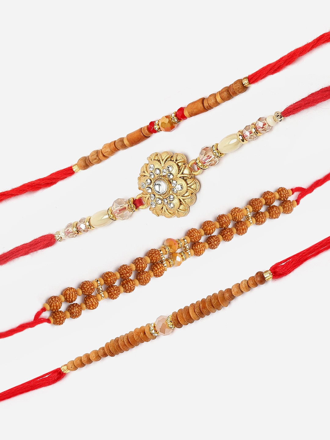 

ZENEME Set Of 4 Wooden & Beads Gold-Plated Kundan & Beads Rudraksh Rakhi's Gift Set, Red