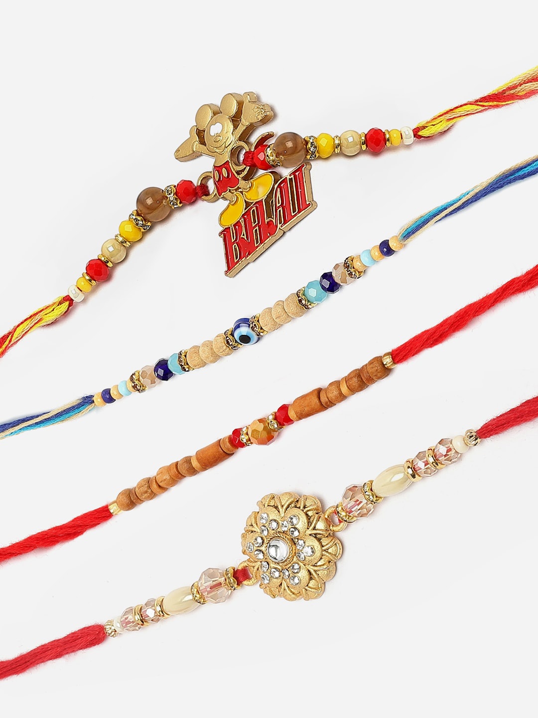

ZENEME Set Of 4 Mickey Mouse & Evil Eye Stone & Beads Rakhi's Gift Set, Red
