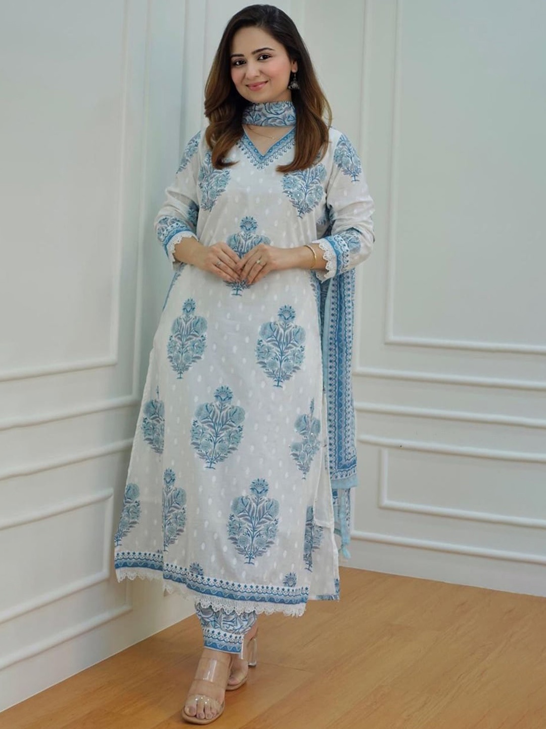 

KALINI Floral Printed Pure Cotton Straight Kurta with Patiala & With Dupatta, Blue