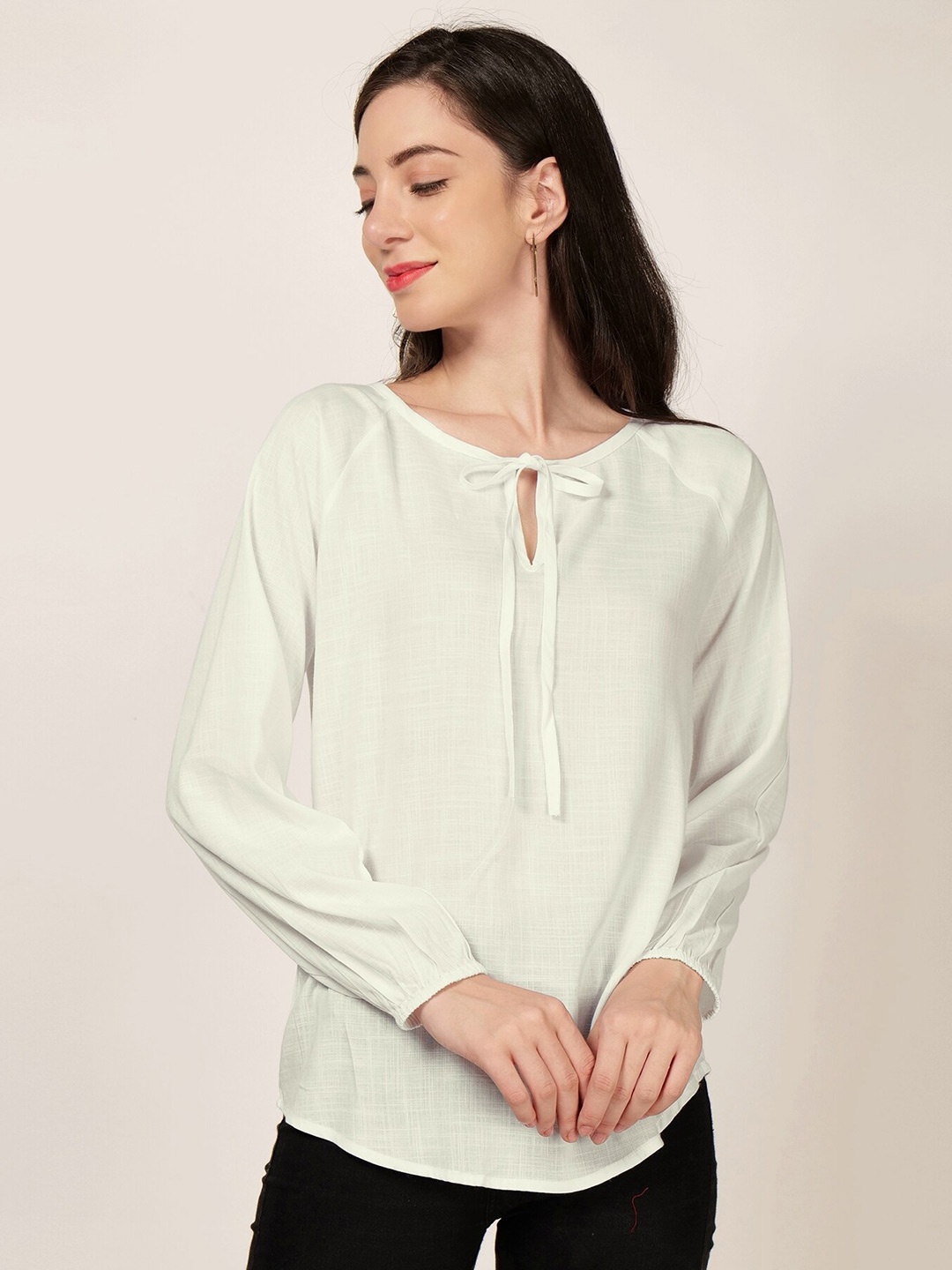 

PATRORNA Tie-Up Neck Puff Sleeves Top, Off white