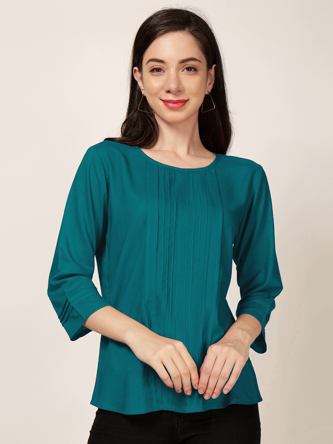 

PATRORNA Round Neck Pleated Top, Green