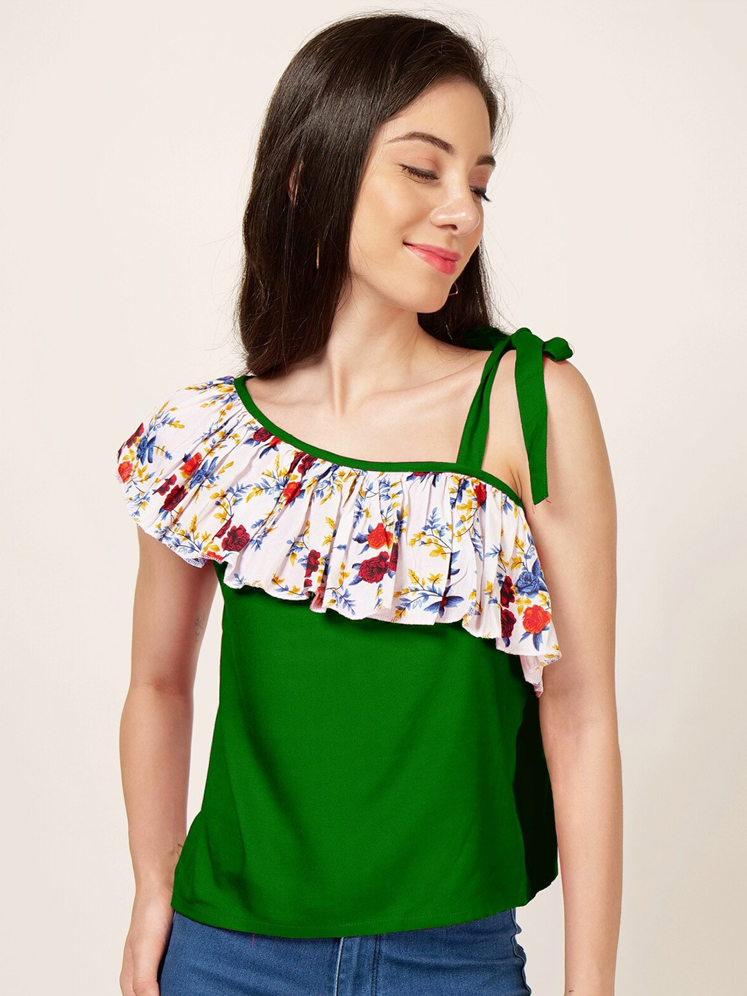 

PATRORNA Floral Printed One Shoulder Ruffle Top, Green