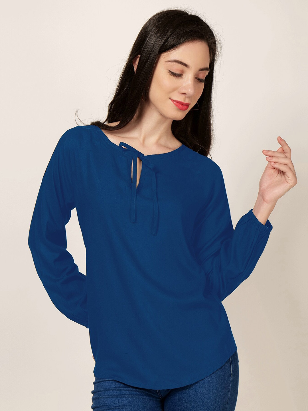 

PATRORNA Tie-Up Neck Puff Sleeves Top, Blue