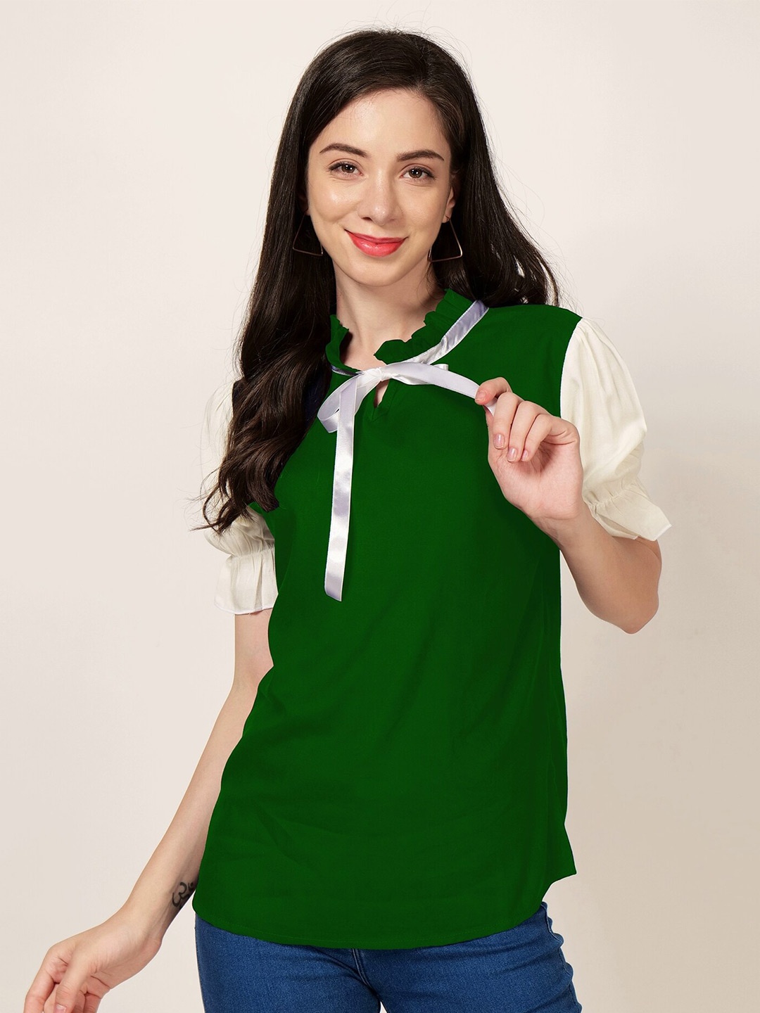 

PATRORNA Tie-Up Neck Puff Sleeves Pleated Casual Top, Multi