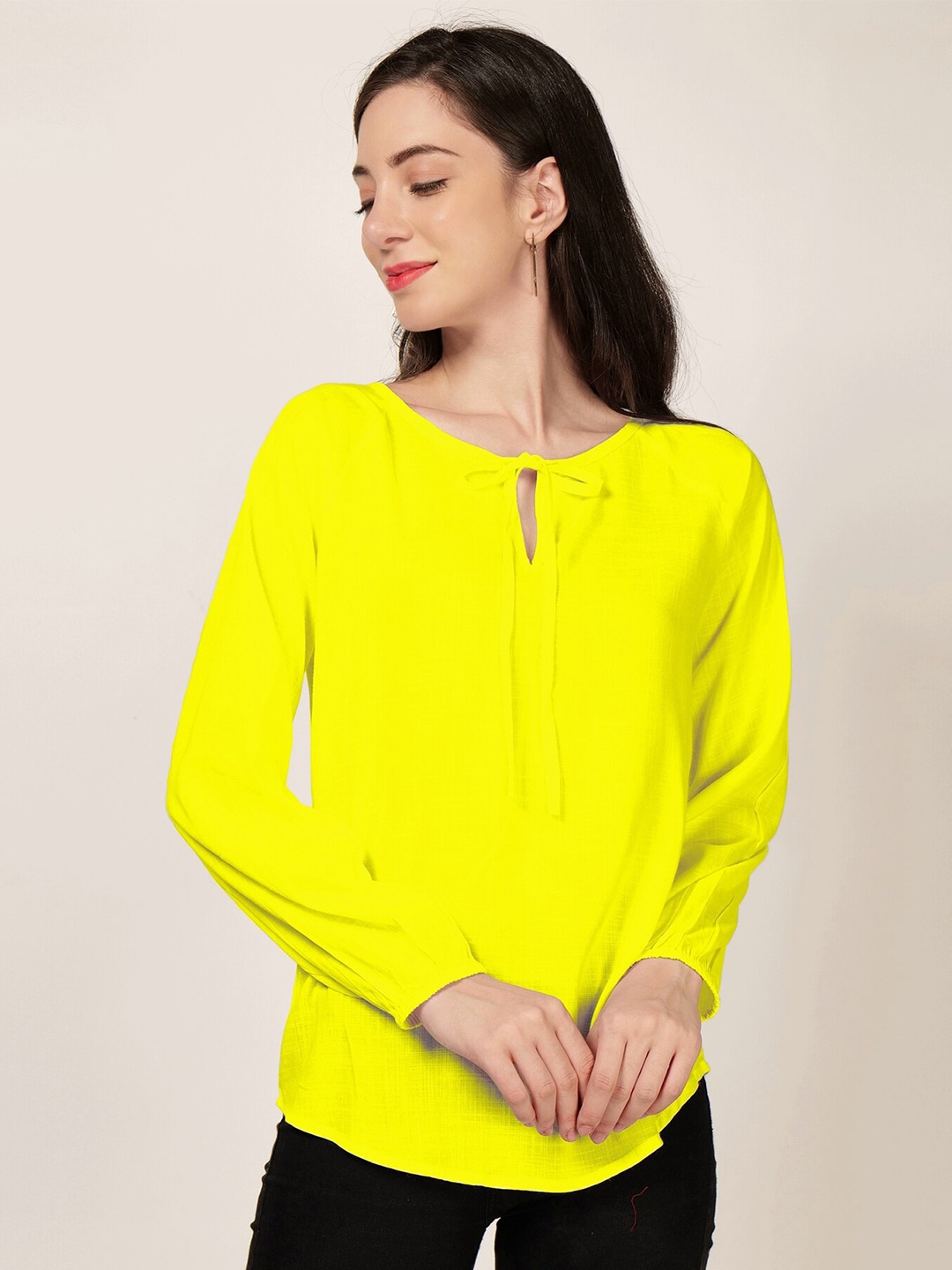 

PATRORNA Tie-Up Neck Raglan Sleeves Casual Top, Yellow