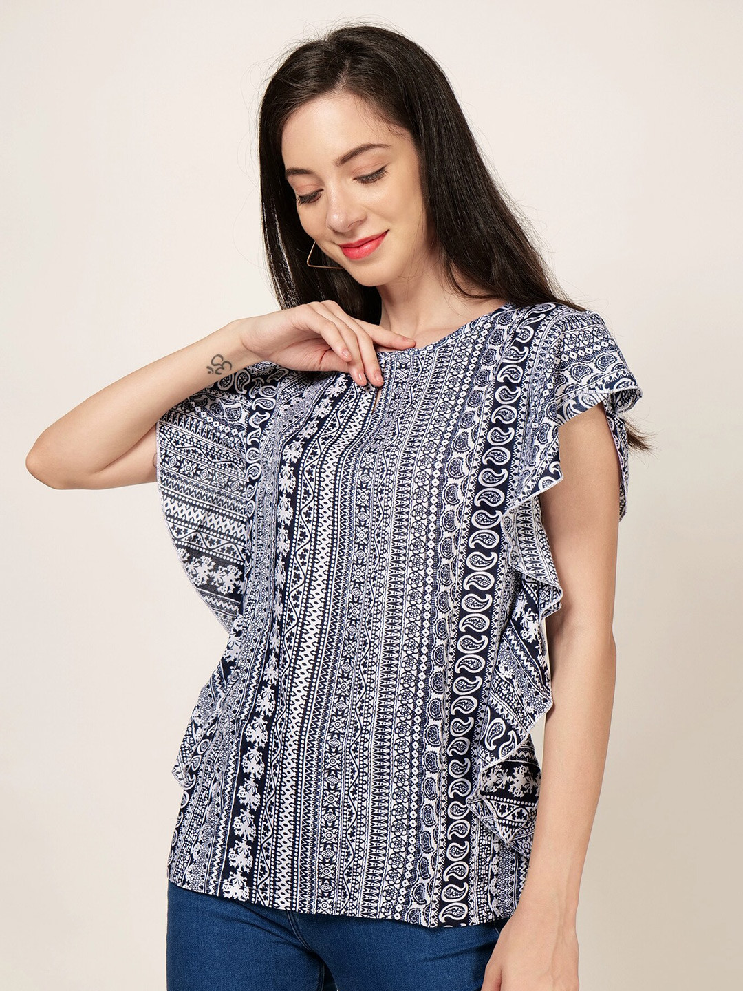 

PATRORNA Ethnic Printed Flutter Sleeves Ruffles Casual Top, Black