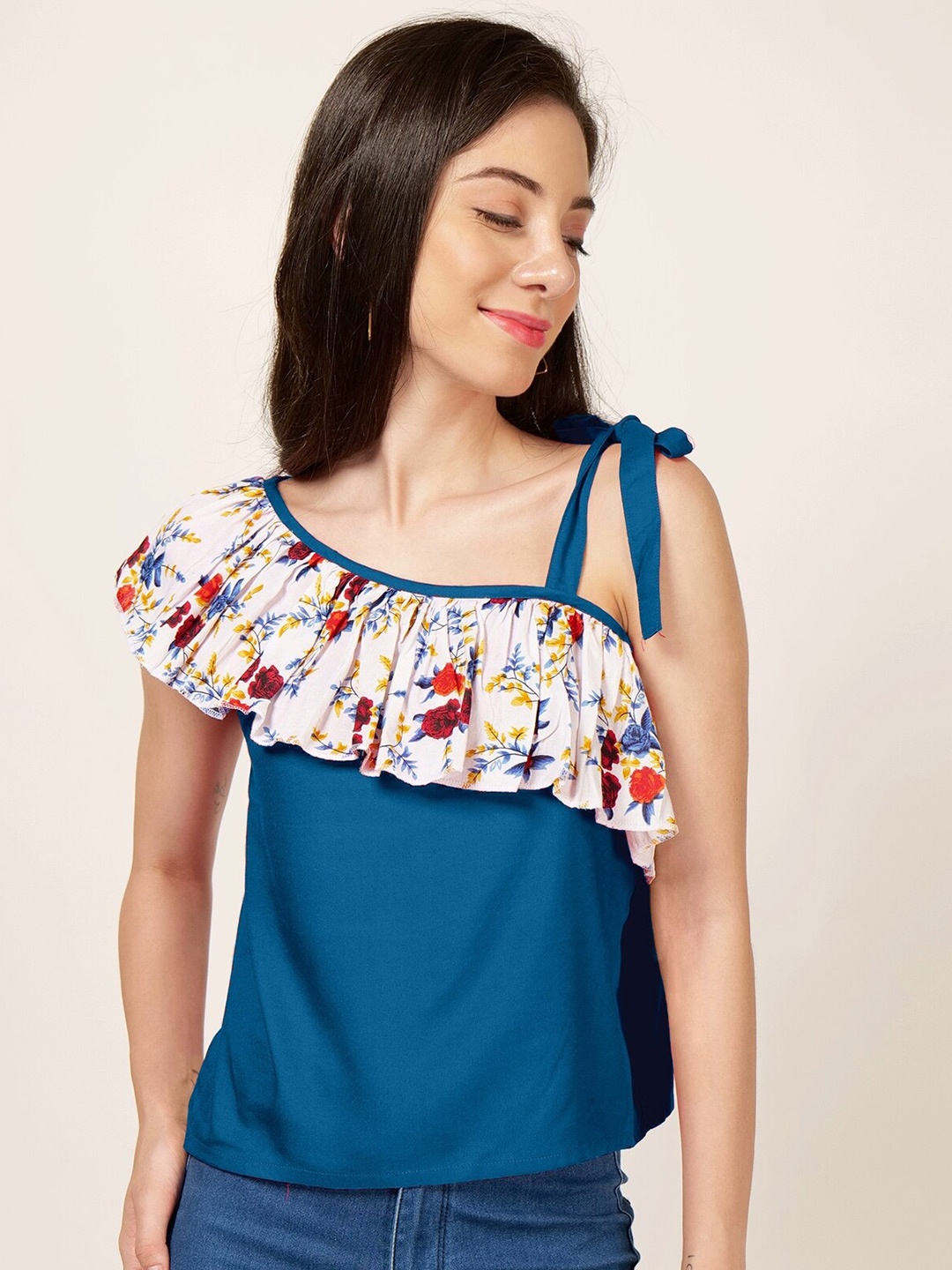 

PATRORNA One Shoulder Flared Sleeves Ruffles Casual Top, Blue