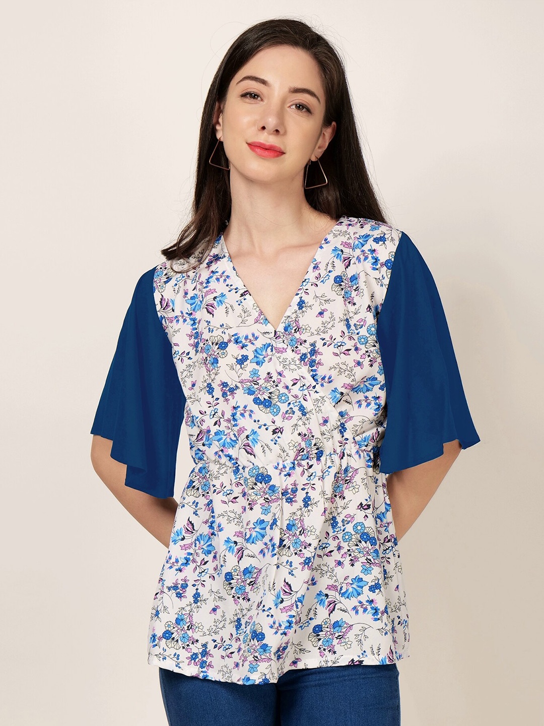 

PATRORNA Floral Printed Flared Sleeves Layered Wrap Top, White