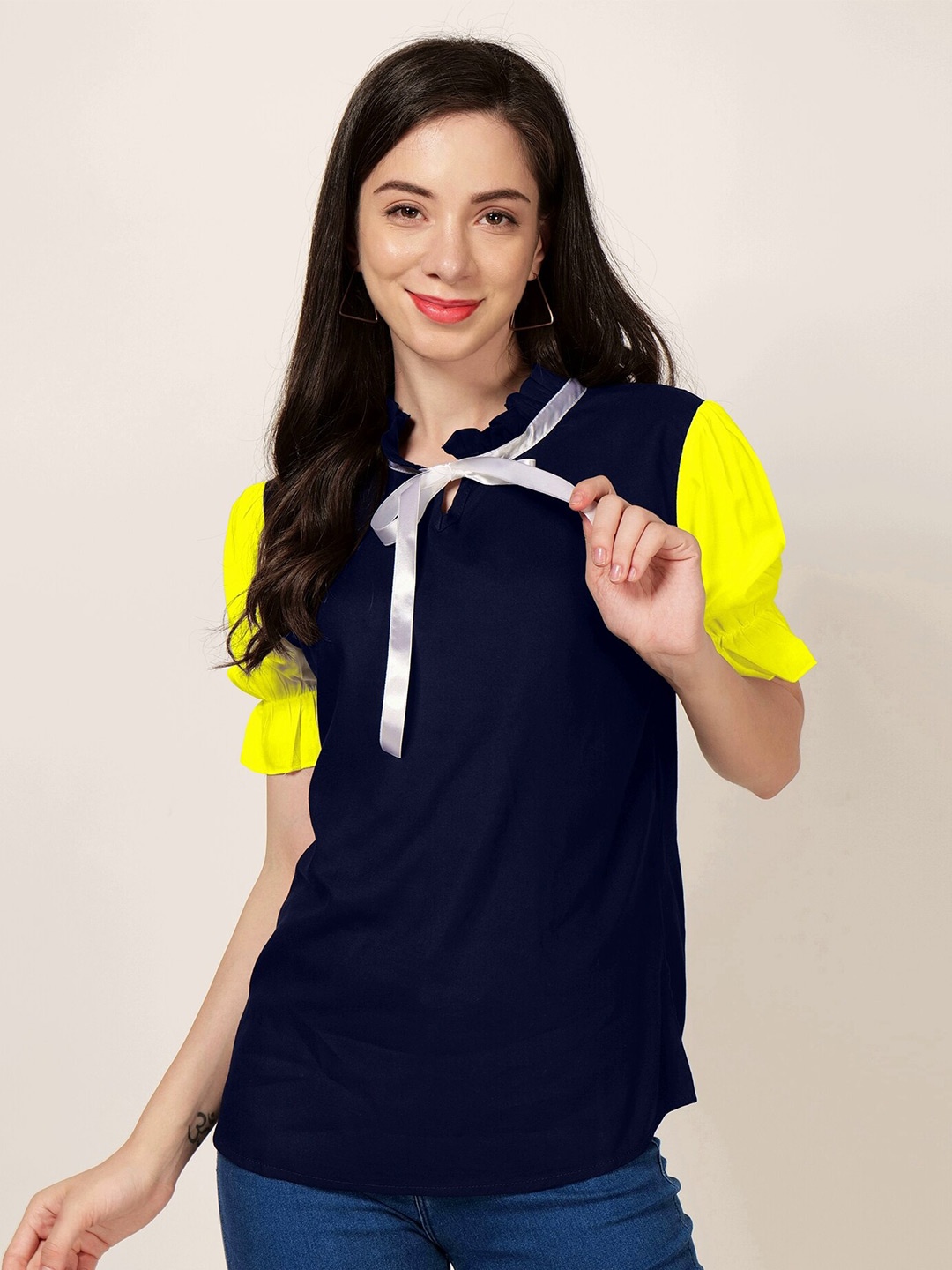 

PATRORNA Tie-Up Neck Puff Sleeves Top, Navy blue