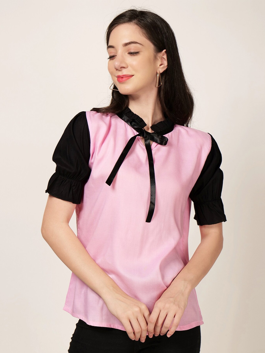 

PATRORNA Tie-Up Neck Puff Sleeves Top, Pink
