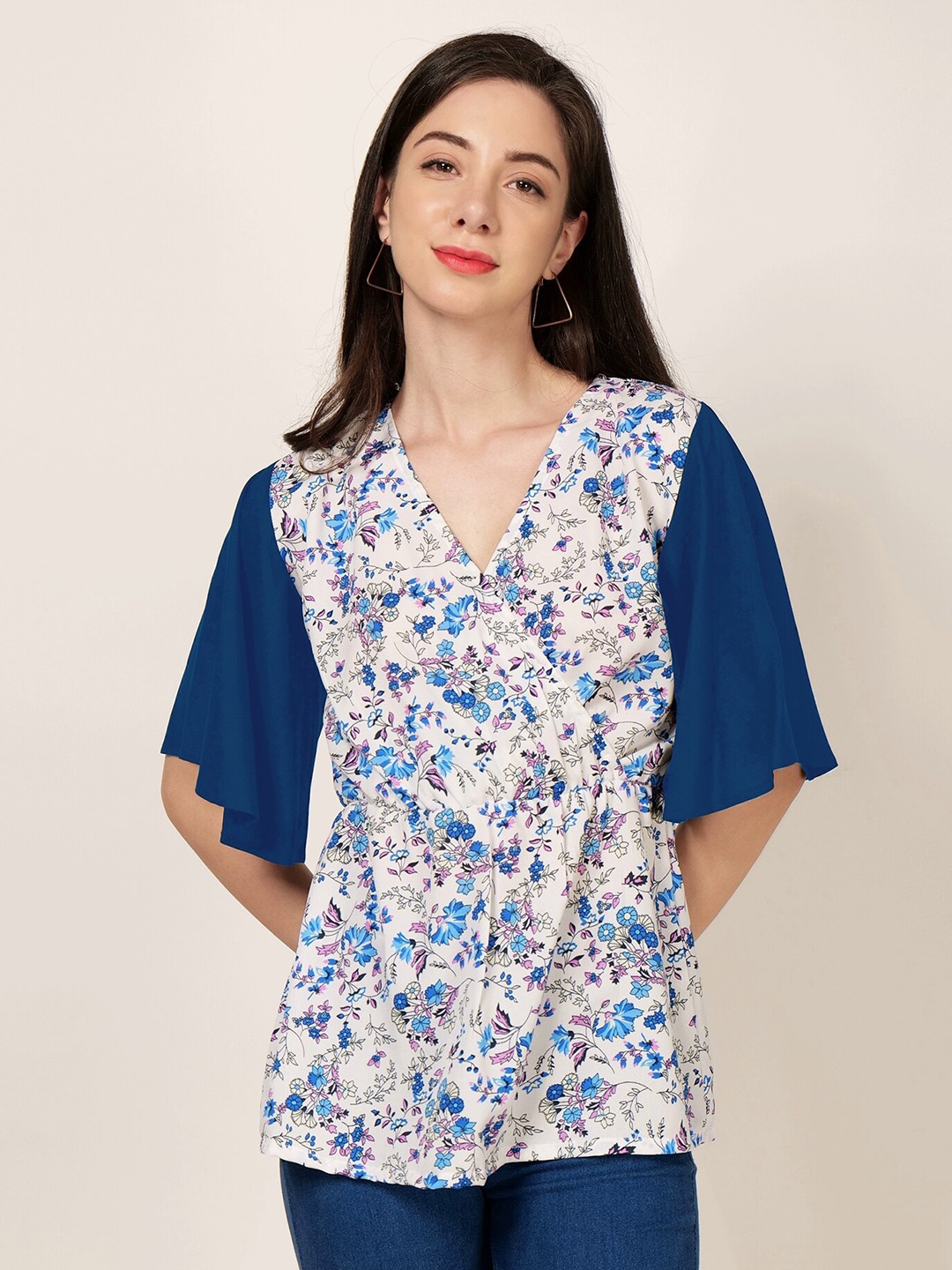 

PATRORNA Floral Printed Flared Sleeves Cotton Wrap Top, White